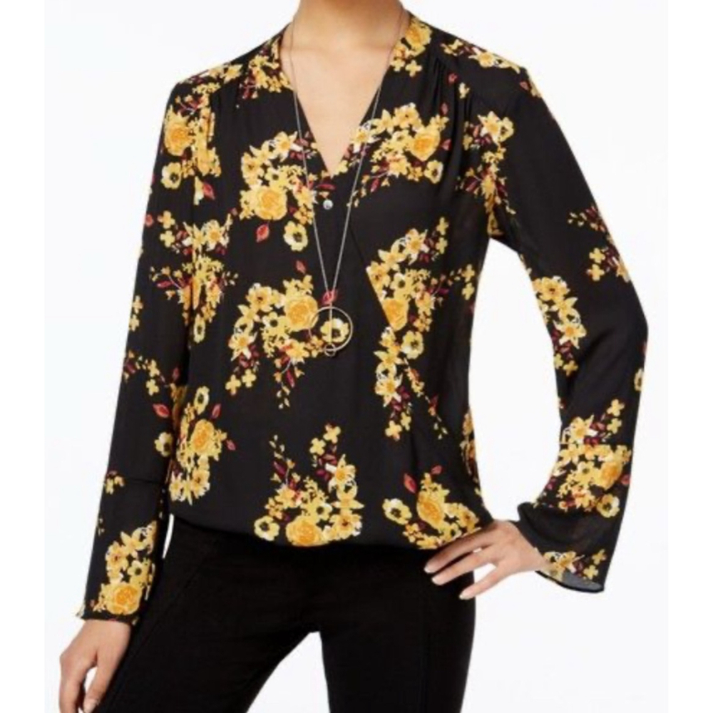 Women's INC International Concepts Blouse L Black Yellow Floral
